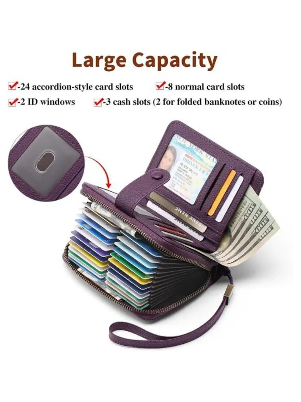RFID Leather Wallet for Women Large Capacity Card Holder Zipper Bifold Wristlet
